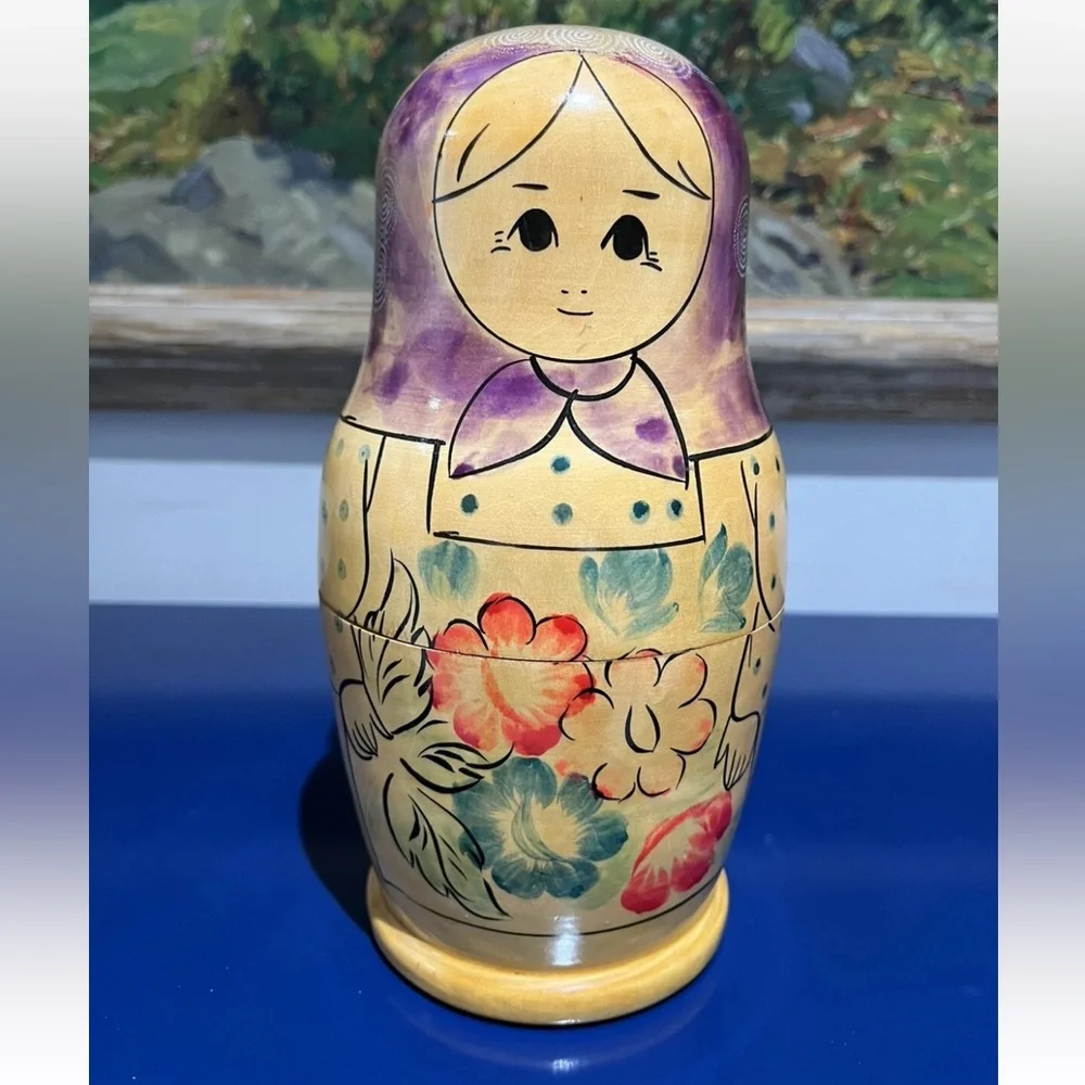 Russian Matryoshka Blonde Babushka Nesting Dolls Wood 13 Pcs Floral Vintage